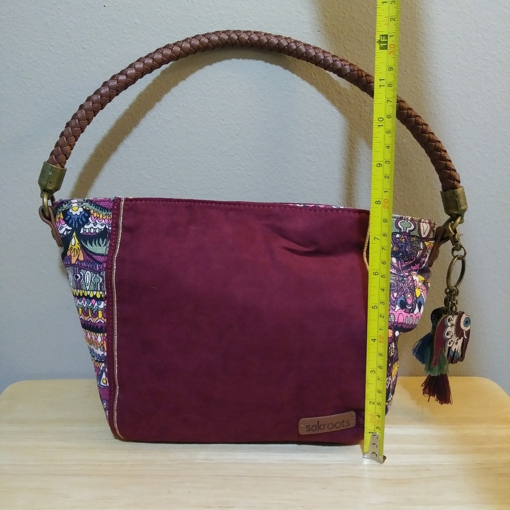 Sakroots Elsa Small Hobo Bag Satchel Burgundy Patterned Boho Braided Strap - Picture 4 of 10